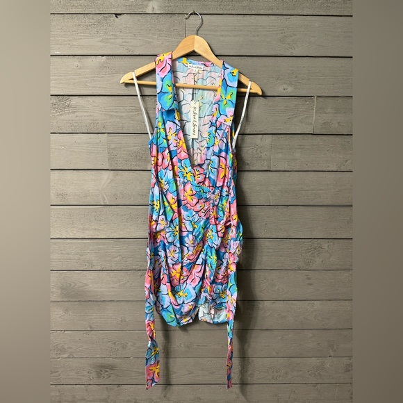 NWT For Love & Lemons Blue Yasmin Blue Tropical Floral Mini Dress 100% Bamboo M - Picture 10 of 15